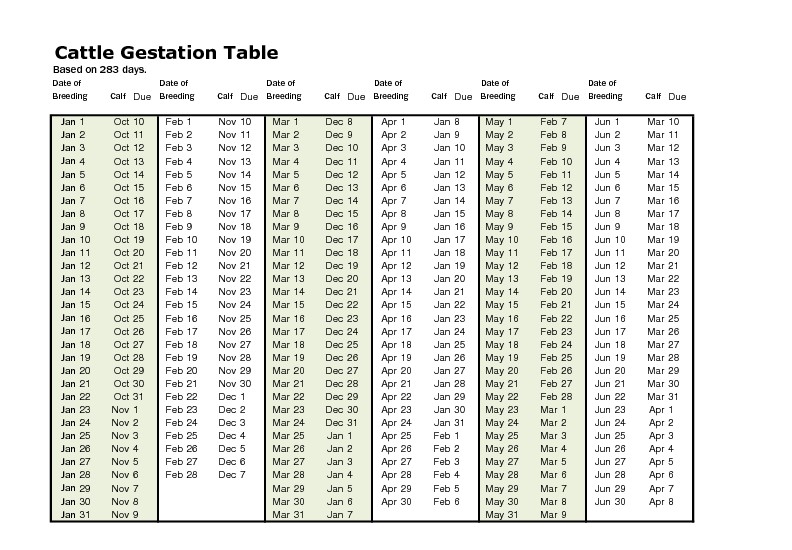 cow gestation table